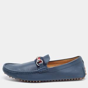 Gucci Blue Leather Web Horsbit Slip On Loafers Size 44