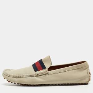 Gucci Light Grey Leather Web Detail Slip On Loafers Size 45