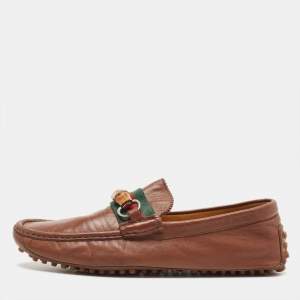 Gucci Brown Leather Bamboo Horsebit Web Loafers Size 45