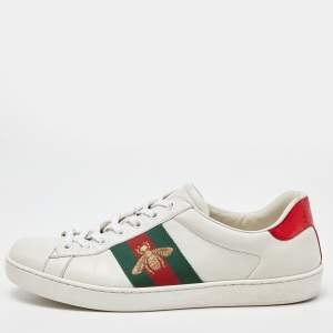 Gucci White Leather Embroidered Bee Web Ace Low-Top Sneakers Size 42