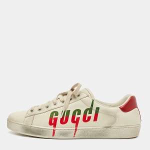 Gucci Off White Leather Ace Blade Print Low Top Sneakers Size 43 