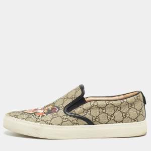 Gucci Black/Beige GG Supreme Canvas Tiger Print Slip On Sneakers Size 43