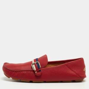 Gucci Red Leather Web Buckle Loafers Size 43