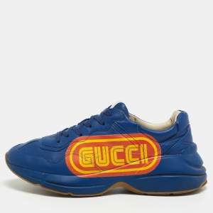 Gucci Blue Leather Logo Rhyton Low-Top Sneakers Size 42