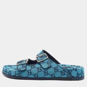 مملوكة مسبقًا Gucci  Blue GG Supreme Canvas Flat Slides Size 44