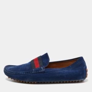 Gucci Blue Suede Web Slip On Loafers Size 42