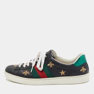 Gucci Black Leather Python Embossed Web Ace Low Top Sneakers Size 41