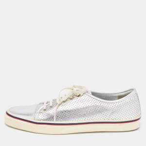 Gucci Silver Perforated Leather Low Top Sneakers Size 44.5 