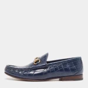 Gucci Navy Blue Crocodile Leather Horsebit Loafers Size 42