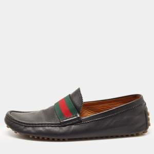 Gucci Navy Blue Leather Web Trim Loafers Size 45.5
