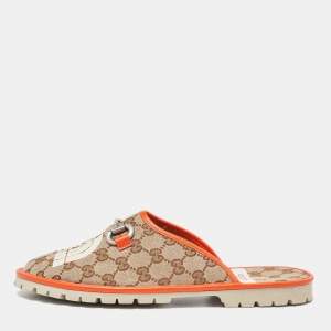 Gucci x The North Face Beige/Orange GG Canvas and Leather Slide Flats Size 43