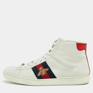 Gucci White/Blue Leather Embroidered Bee Web Ace High-Top Sneakers Size 41.5