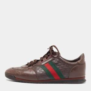 Gucci Brown Microguccissima Leather Web Low Top Sneakers Size 41.5