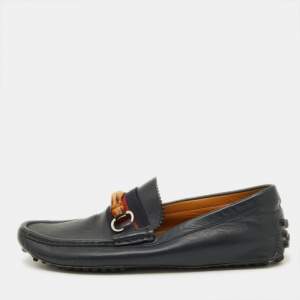 Gucci Navy Blue Leather Web Bamboo Horsebit Loafers Size 41
