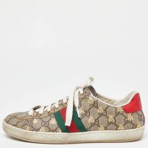 Gucci Beige GG Supreme Canvas Bee Print  Ace Low Top Sneakers Size 39