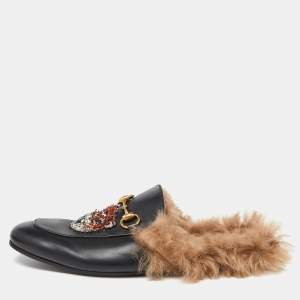 Gucci Black Tiger Crystals/Beads Embroidered Leather and Fur Princetown Flat Mules Size 43