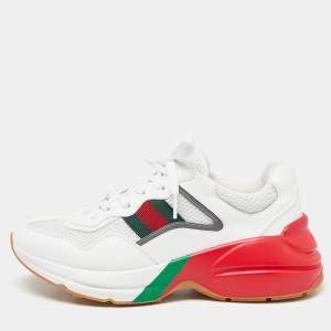 Gucci White Leather and Mesh Web Rhyton Sneakers Size 41.5