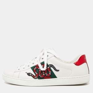Gucci White Leather Embroidered Snake Ace Sneakers Size 41