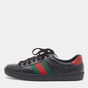 Gucci Black Leather Ace Web Low Top Sneakers Size 41.5