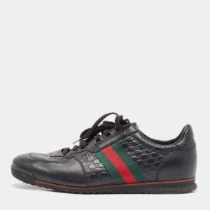 Gucci Black Leather Web Low Top Sneakers Size 44