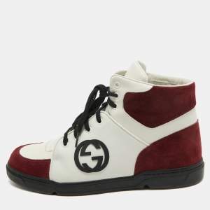.Gucci Burgundy/White GG Interlocking Leather Lace Up High Top Sneakers Size 42