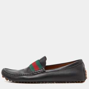 Gucci Black Leather Web Slip On Loafers Size 44