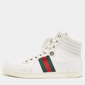 Gucci White Leather Web Detail High Top Sneakers Size 41.5