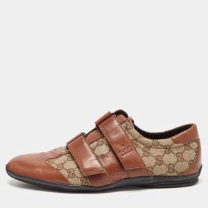 Gucci Brown/Beige Leather and GG Canvas Velcro Sneakers Size 43