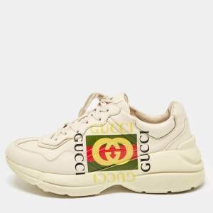 Gucci Cream Leather Rhyton Logo Low Top Sneakers Size 40