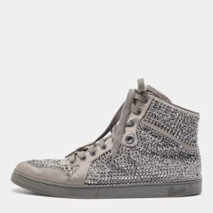 Gucci Grey Satin Crystal Embellished Coda High Top Sneakers Size 42