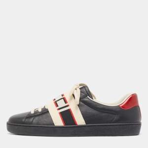 Gucci Black Leather And Stretch Band New Ace Logo Strap Low Top Sneakers Size 42.5