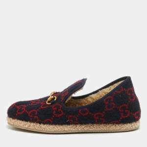 Gucci Navy Blue/Red GG Wool Fria Espadrille Flats Size 41