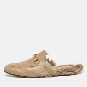 Gucci Beige Leather and Fur Princetown Flat Mules Size 44