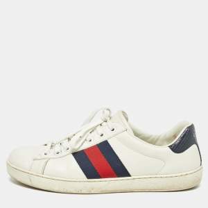 Gucci White Leather Ace Web Low  Top Sneakers Size 40.5