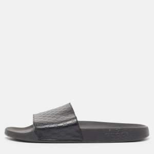 Gucci Black Microguccissima Leather Flat Slides Size 43