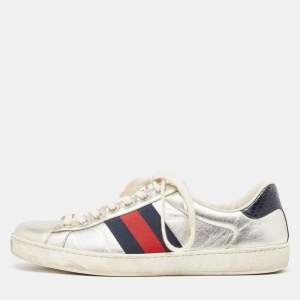 Gucci Silver Leather Ace Sneakers Size 42.5