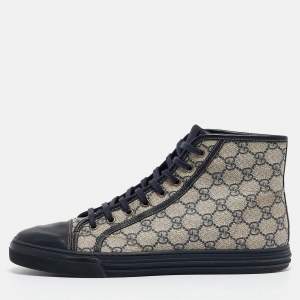 Gucci Beige/Blue GG Supreme Canvas and Leather Cap Toe High Top Sneakers Size 44.5
