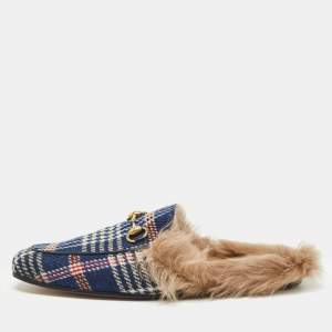 Gucci Blue Plaid Print Tweed Fur Lined Princetown Flat Mules Size 43