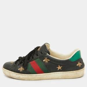 Gucci Black Bee & Star Embroidered Leather Ace Low Top Sneakers Size 42.5