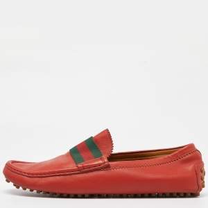 Gucci Red Leather Web Slip On Loafers Size 43