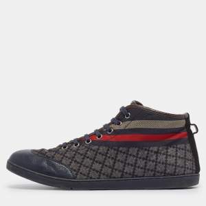 Gucci Navy Blue Leather and Diamante Web Print Nylon High Top Sneakers Size 42.5