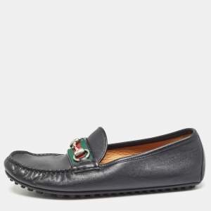 Gucci Black Leather Web Horsebit Slip On Loafers Size 40