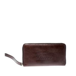 Pre Owned Gucci Dark Brown Leather Zip Around Wallet Organizer
