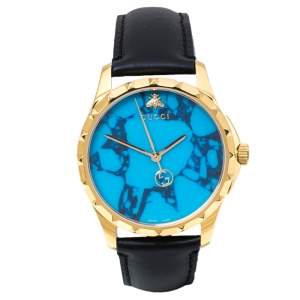 Gucci Turquoise Blue Gold Tone Stainless Steel Leather G-Timeless 126.4 Men's Wristwatch 38 mm