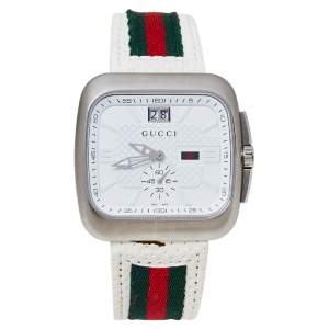 Gucci White Stainless Steel Leather G Coupe Large YA131303 Men's Wristwatch 40 mm
