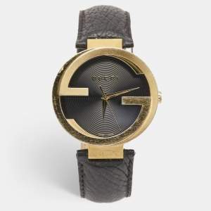 Gucci Black Gold Plated Stainless Steel Leather Interlocking Latin Grammy's XL Special Edition YA133208 Men's Wristwatch 42 mm