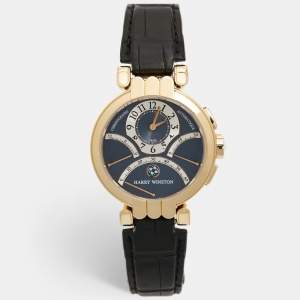 Harry Winston Blue Grey 18K Rose Gold Alligator Leather Premier Excenter 200/MCRA Retrograde Men's Wristwatch 39 mm