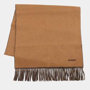 Pre Owned Hermes Cashmere Recto Verso Reversible Scarf Camel / Marine Cashmere100%