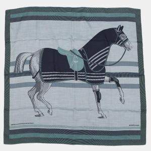 Pre Owned Hermes Carre H Cheval A La Couverture Horse Blanket Spiral Size 100 Ciel / Blue Marine / Celadonh104277T Cashmere70% Silk30%