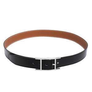Pre Owned Hermes Noir/Gold Box and Togo Leather Quentin Reversible Belt 100 CM